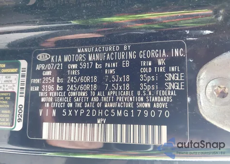 2021 Kia Telluride Lx z USA, uszkodzony, nr VIN 5XYP2DHC5MG179070